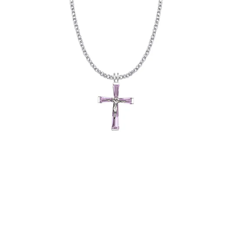 1 Inch Sterling Silver and Glass Crystal February Birthstone Baguette Crucifix Necklace