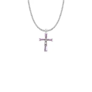 1 Inch Sterling Silver and Glass Crystal February Birthstone Baguette Crucifix Necklace