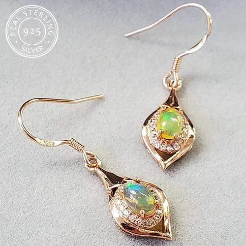 1.00 CT GENUINE ETHIOPIAN BLACK OPAL & CREATED WHITE SAPPHIRE  925 STERLING SILVER DANGLE EARRINGS