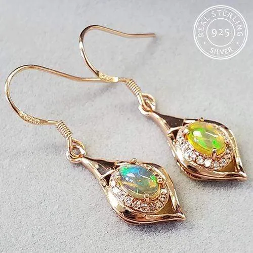 1.00 CT GENUINE ETHIOPIAN BLACK OPAL & CREATED WHITE SAPPHIRE  925 STERLING SILVER DANGLE EARRINGS