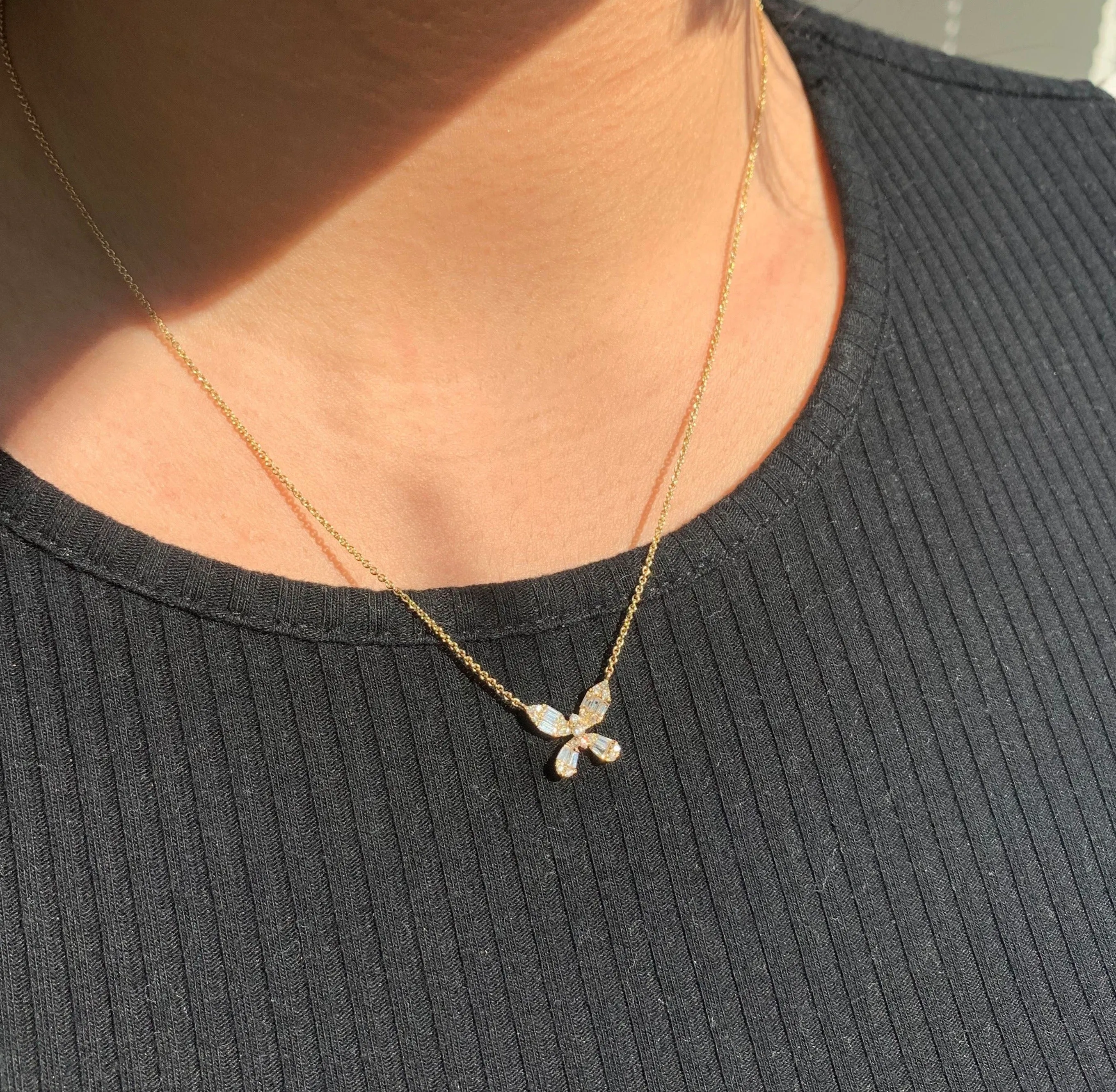 14k Gold & Baguette Diamond Butterfly Necklace - 0.38ct