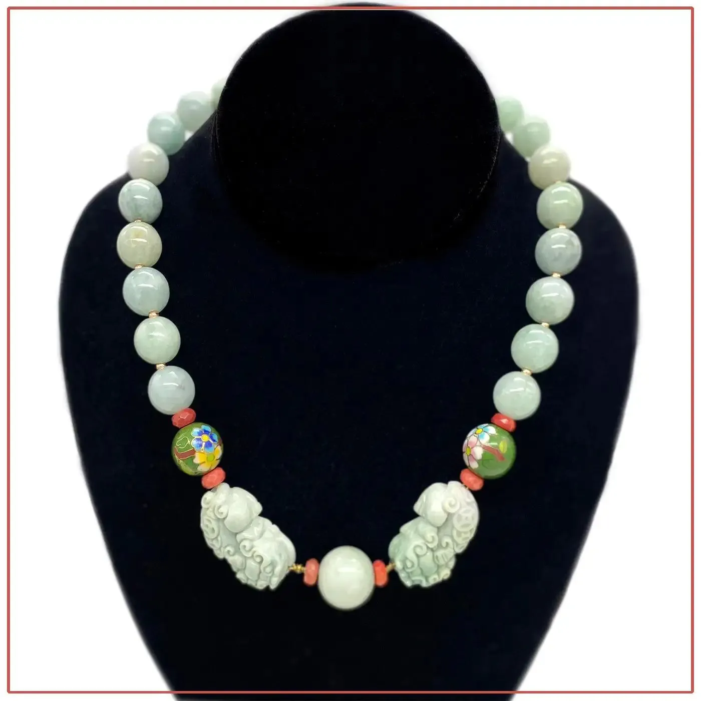 14K Gold Filled and Jade Necklace with a Pair of Carved Pixiu