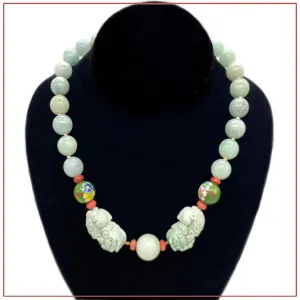 14K Gold Filled and Jade Necklace with a Pair of Carved Pixiu