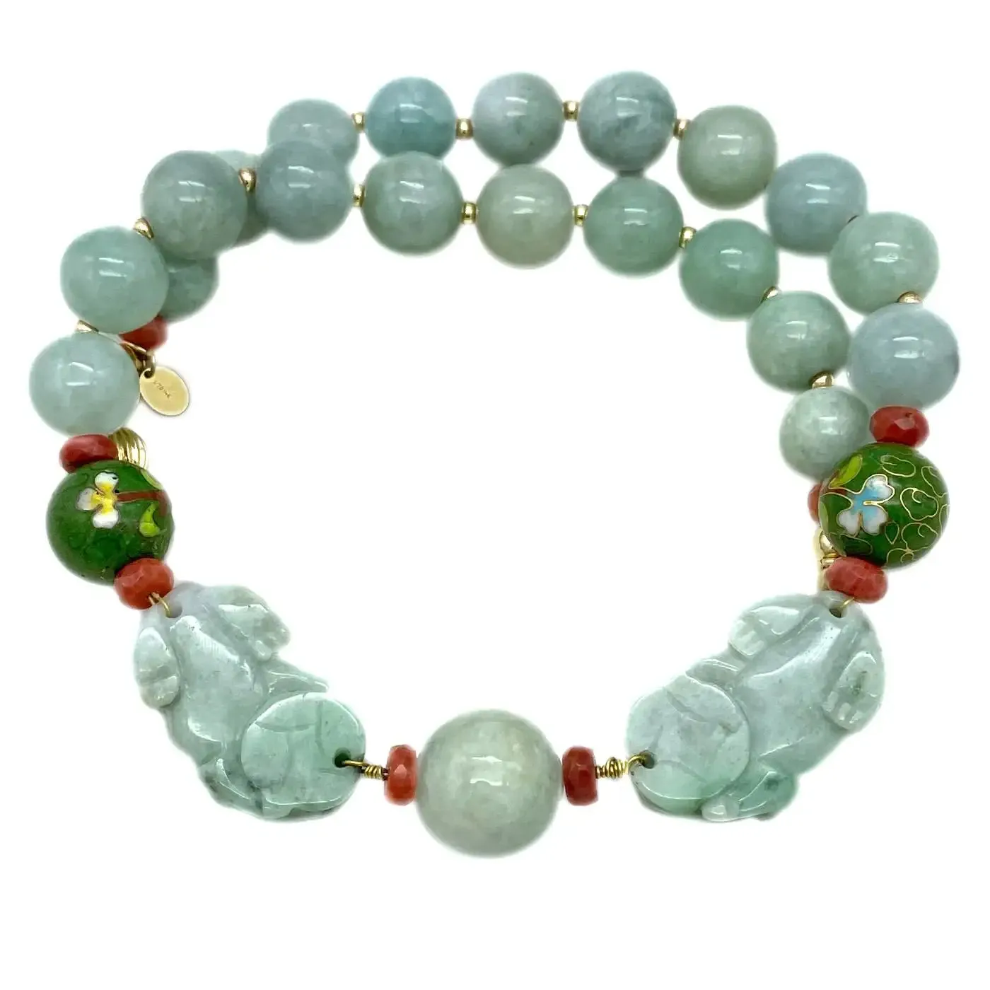 14K Gold Filled and Jade Necklace with a Pair of Carved Pixiu