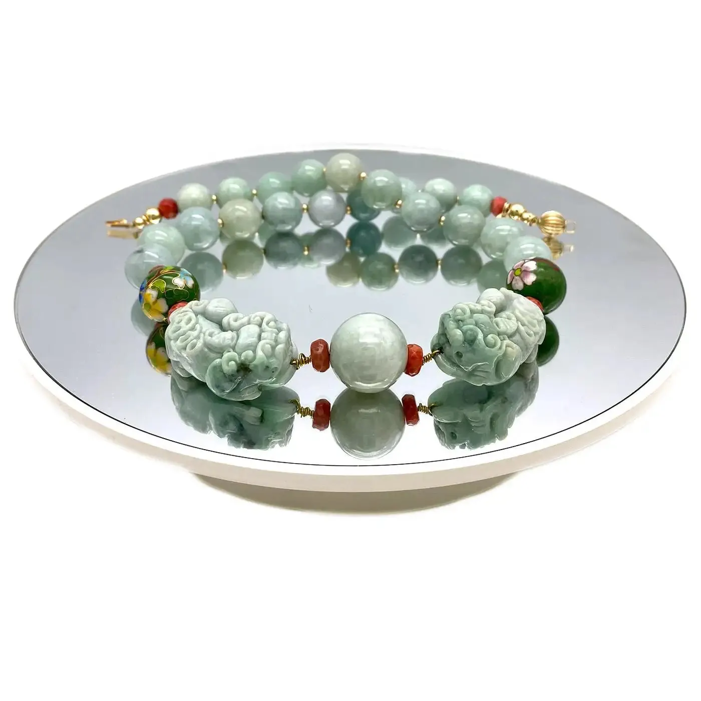 14K Gold Filled and Jade Necklace with a Pair of Carved Pixiu