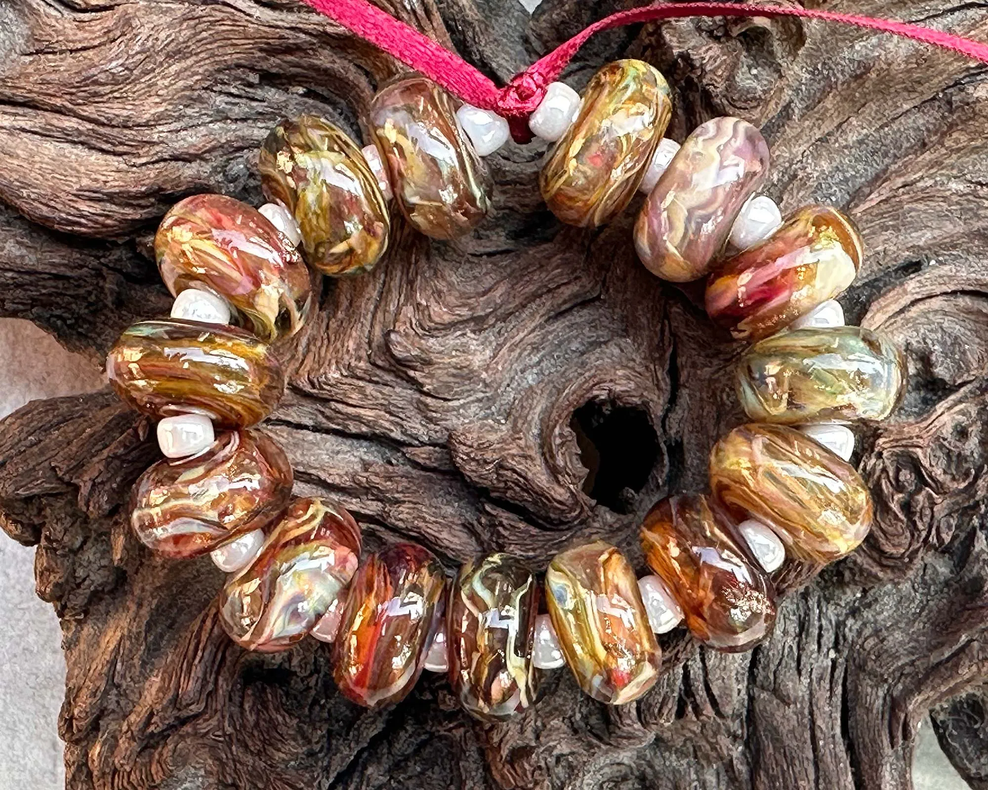 15 Ruby Brown Swirl Lampwork Beads Set SRA