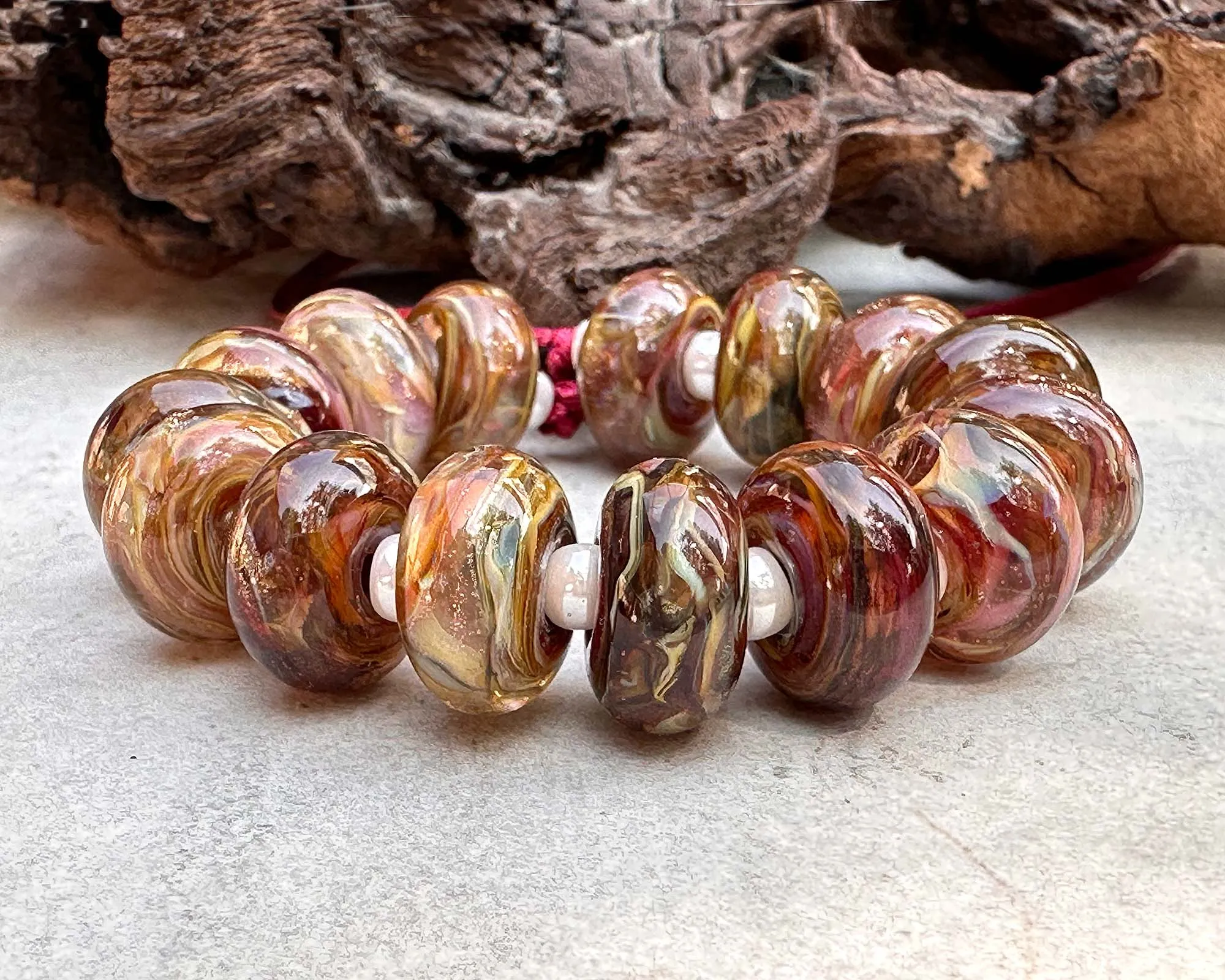 15 Ruby Brown Swirl Lampwork Beads Set SRA