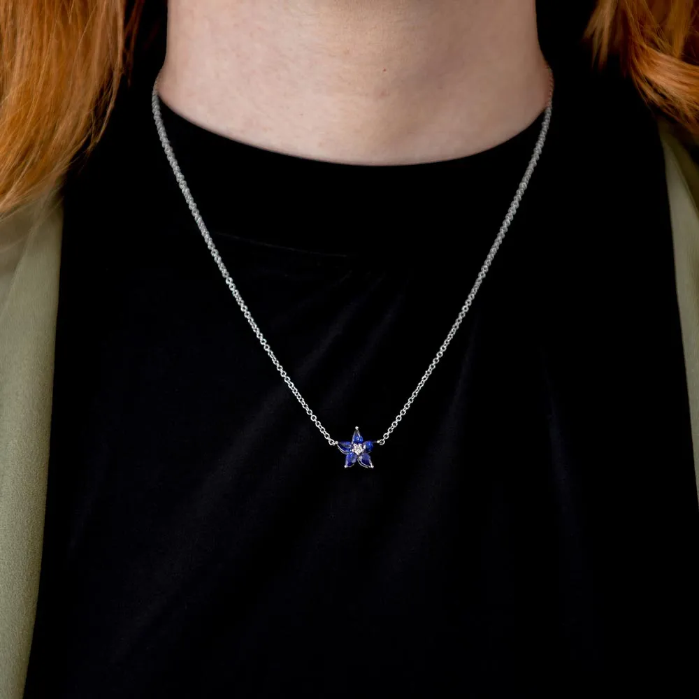 18ct White Gold 1.47ct Sapphire And 0.10ct Diamond Flower Necklace