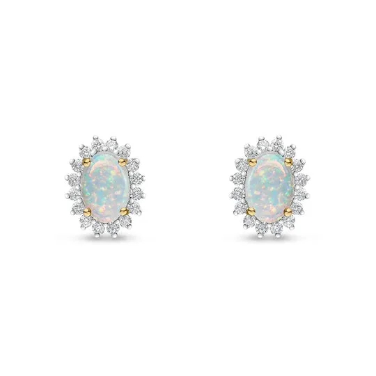 18ct Yellow Gold Oval Opal & Diamond Claw Set Cluster Stud Earrings 6x4mm