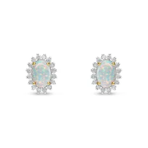 18ct Yellow Gold Oval Opal & Diamond Claw Set Cluster Stud Earrings 6x4mm