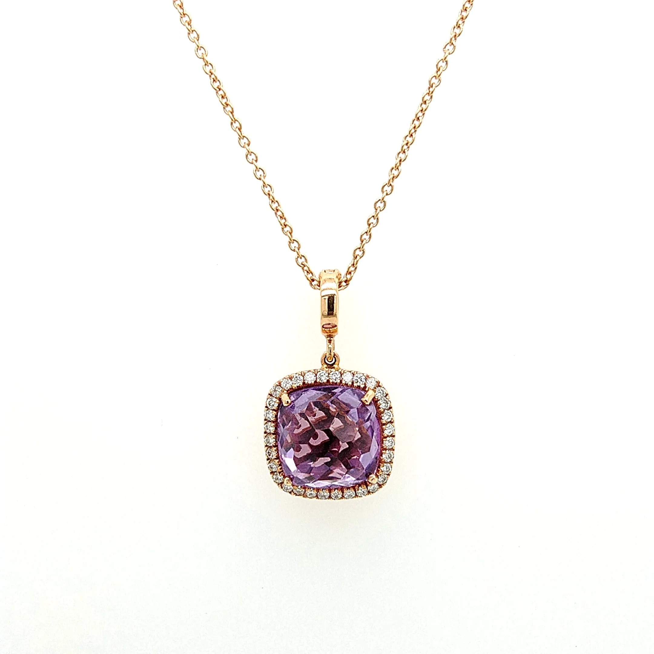 18K Rose Gold Lavender Amethyst Checkerboard Cushion And Diamond Halo Necklace