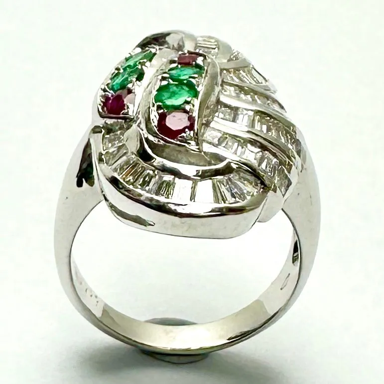 18K White Gold Emerald Ruby Diamond Lady Ring