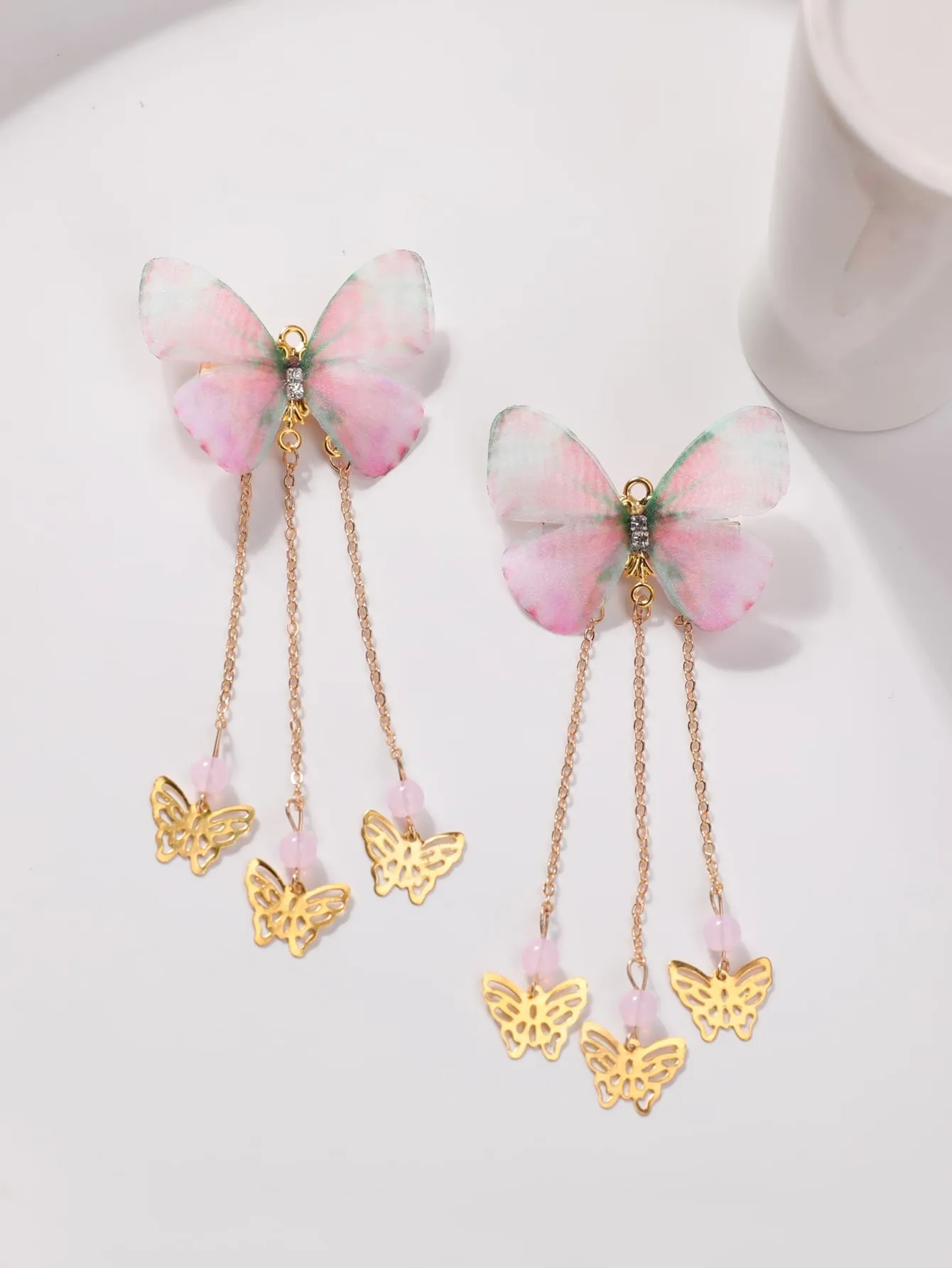 2pcs Pink Butterfly & Chain Tassel Decor Alligator Hair Clip for Women Barrette