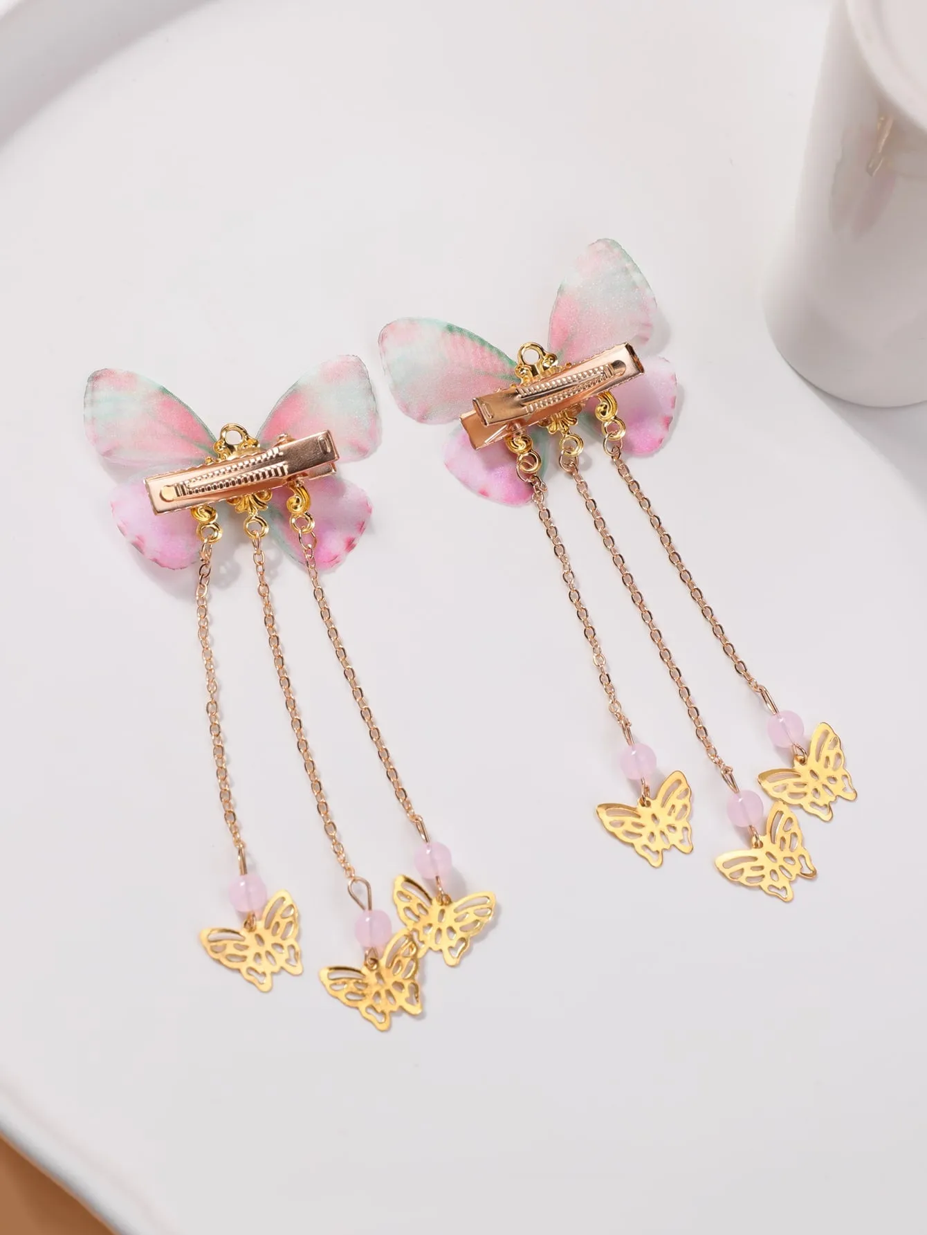 2pcs Pink Butterfly & Chain Tassel Decor Alligator Hair Clip for Women Barrette