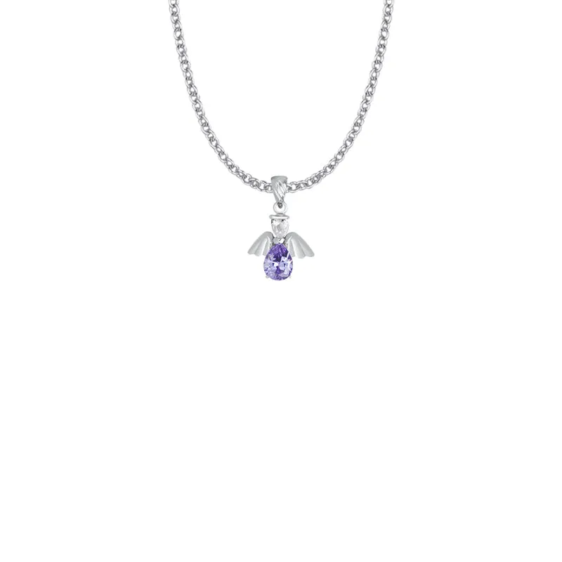 3/4 Inch Sterling Silver and Glass Crystal February Birthstone Angel Necklace