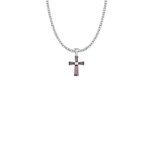 3/4 Inch Sterling Silver and Glass Crystal February Birthstone Baguette Cross Necklace