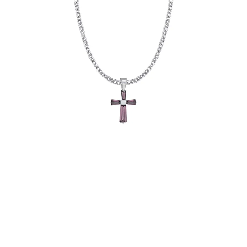 3/4 Inch Sterling Silver and Glass Crystal February Birthstone Baguette Cross Necklace