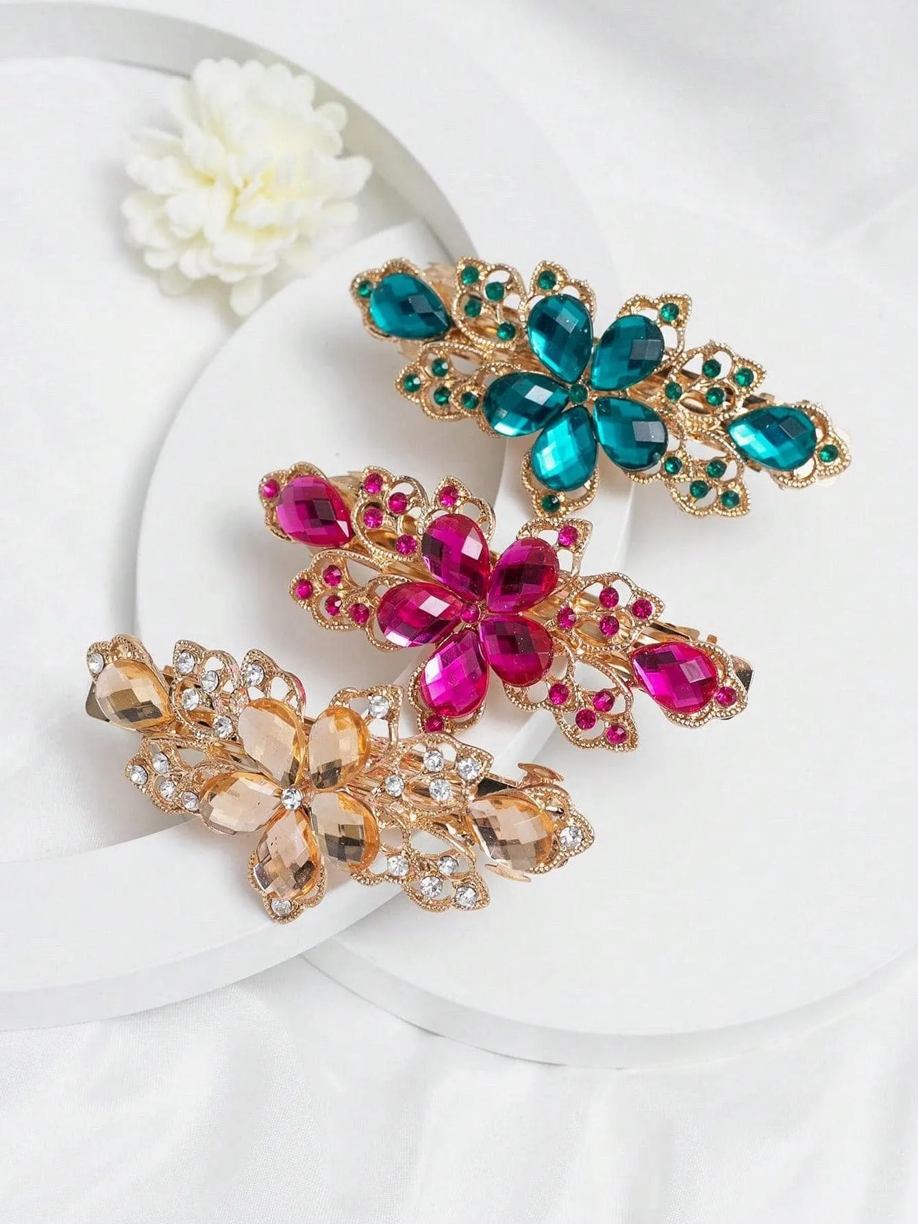 3pcs Rhinestone Flower Decor Glamorous Hair Clip For Party for Women Barrette
