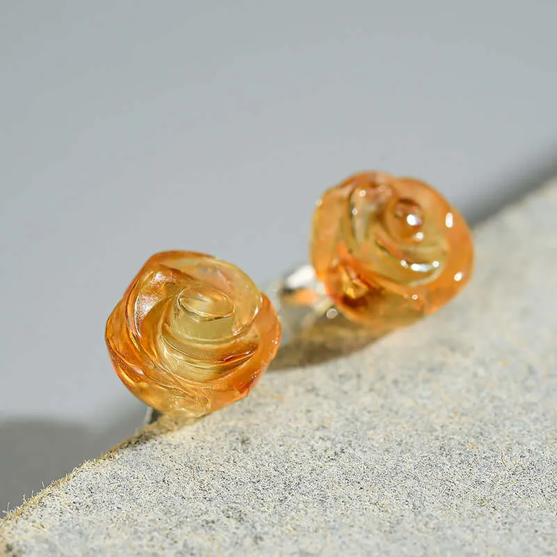 925 Silver Three-dimensional Rose Natural Crystal Stud Earrings
