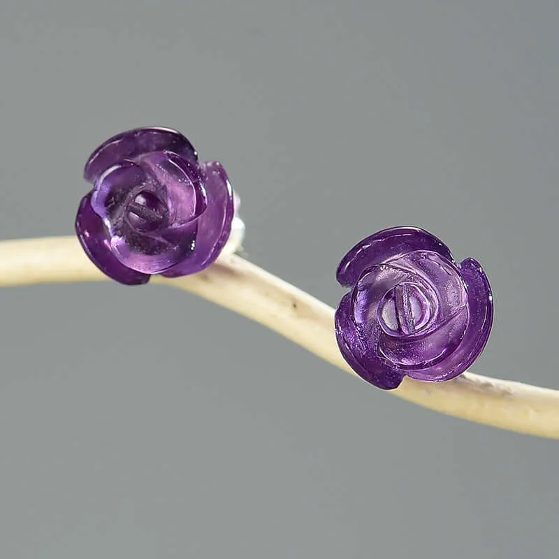925 Silver Three-dimensional Rose Natural Crystal Stud Earrings