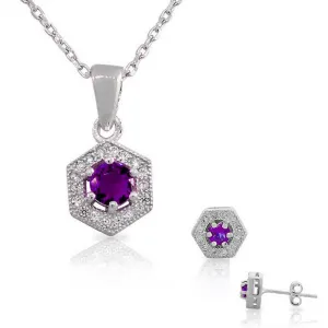 925 Sterling Silver Amethyst-Tone Purple Violet White CZ Hexahedron Round Pendant Necklace Stud Earrings Set