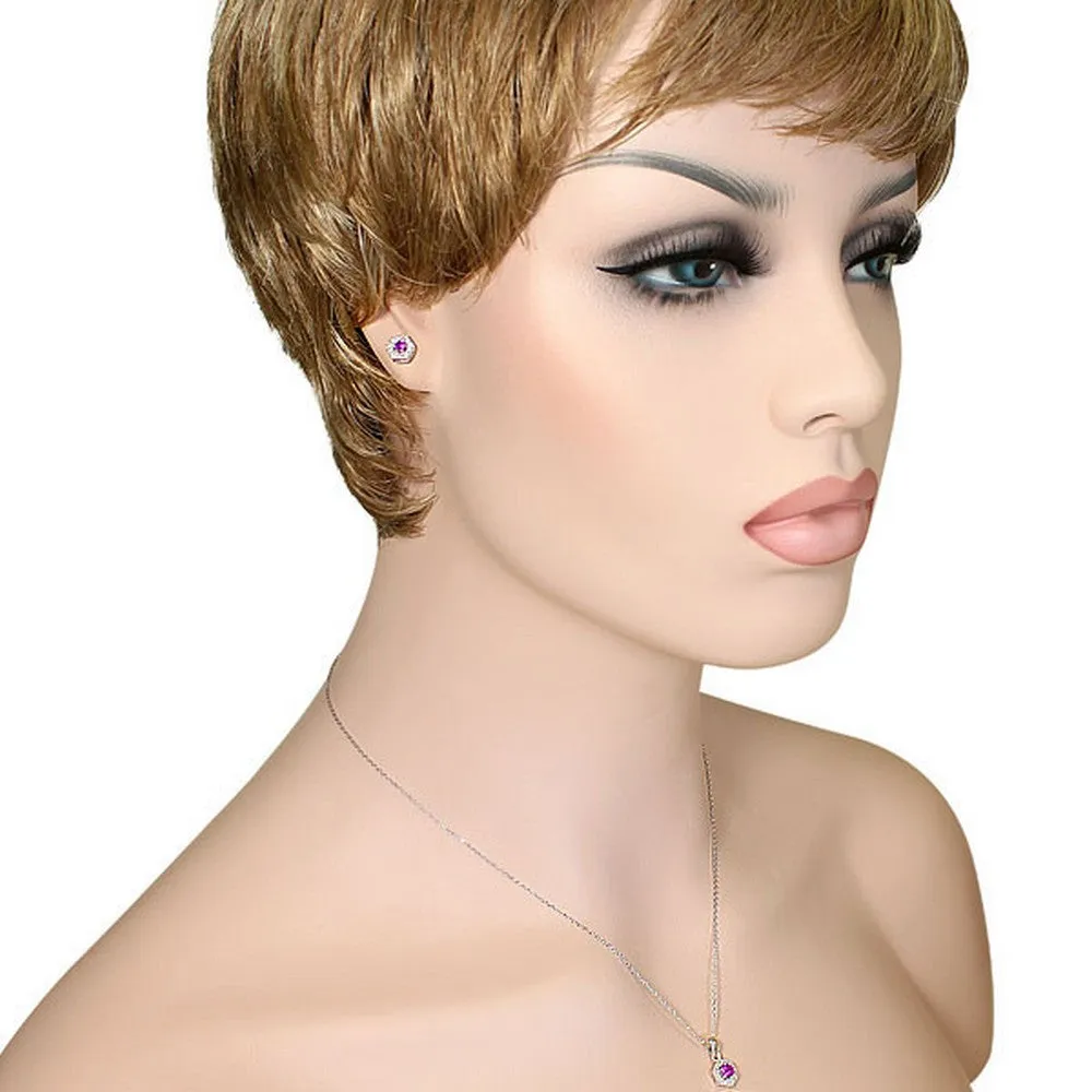 925 Sterling Silver Amethyst-Tone Purple Violet White CZ Hexahedron Round Pendant Necklace Stud Earrings Set