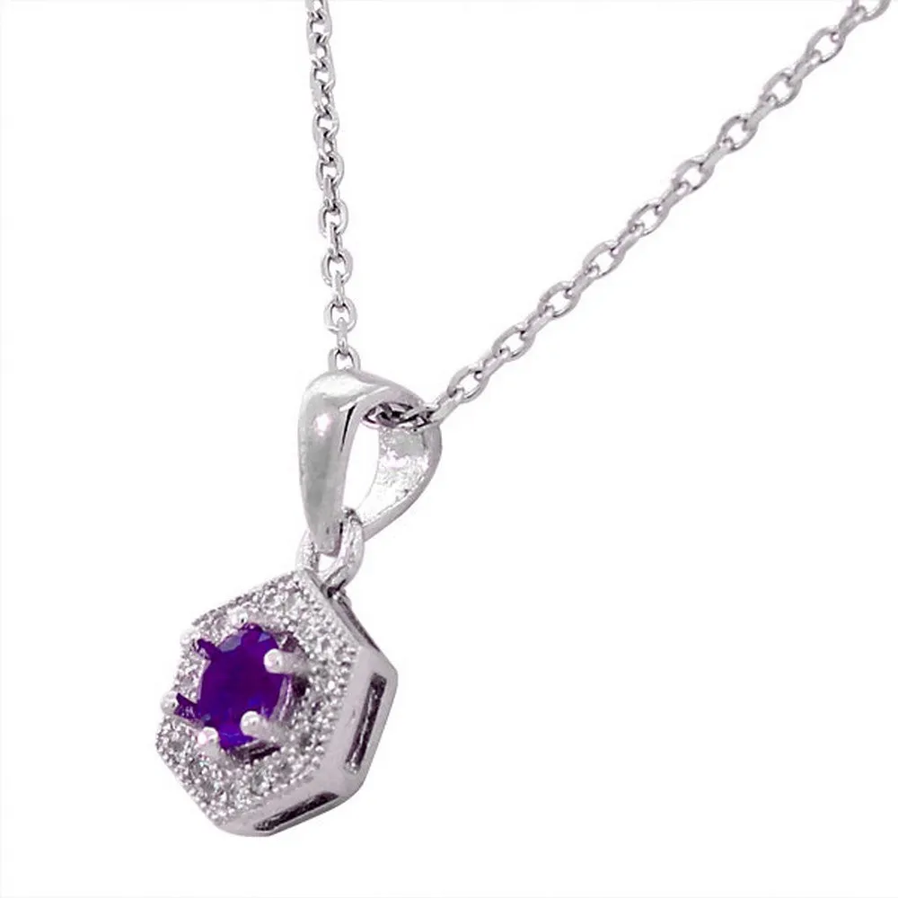 925 Sterling Silver Amethyst-Tone Purple Violet White CZ Hexahedron Round Pendant Necklace Stud Earrings Set