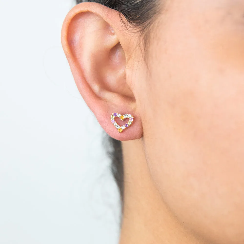 9ct Yellow Gold Rainbow Gemstone Heart Studs