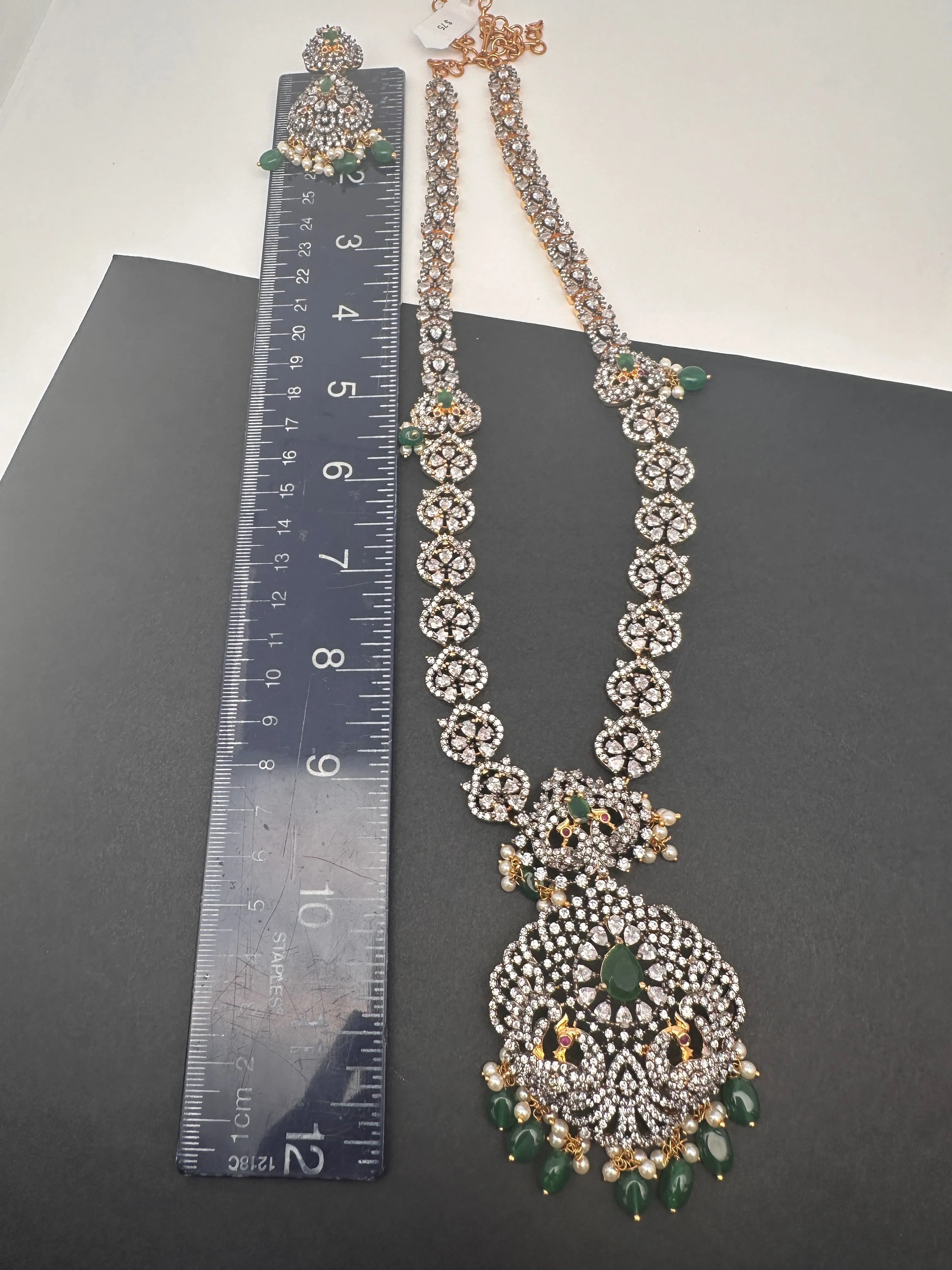 AD Green Stone Peacock Pattern Victorian Dual Tone Polish Long Necklace