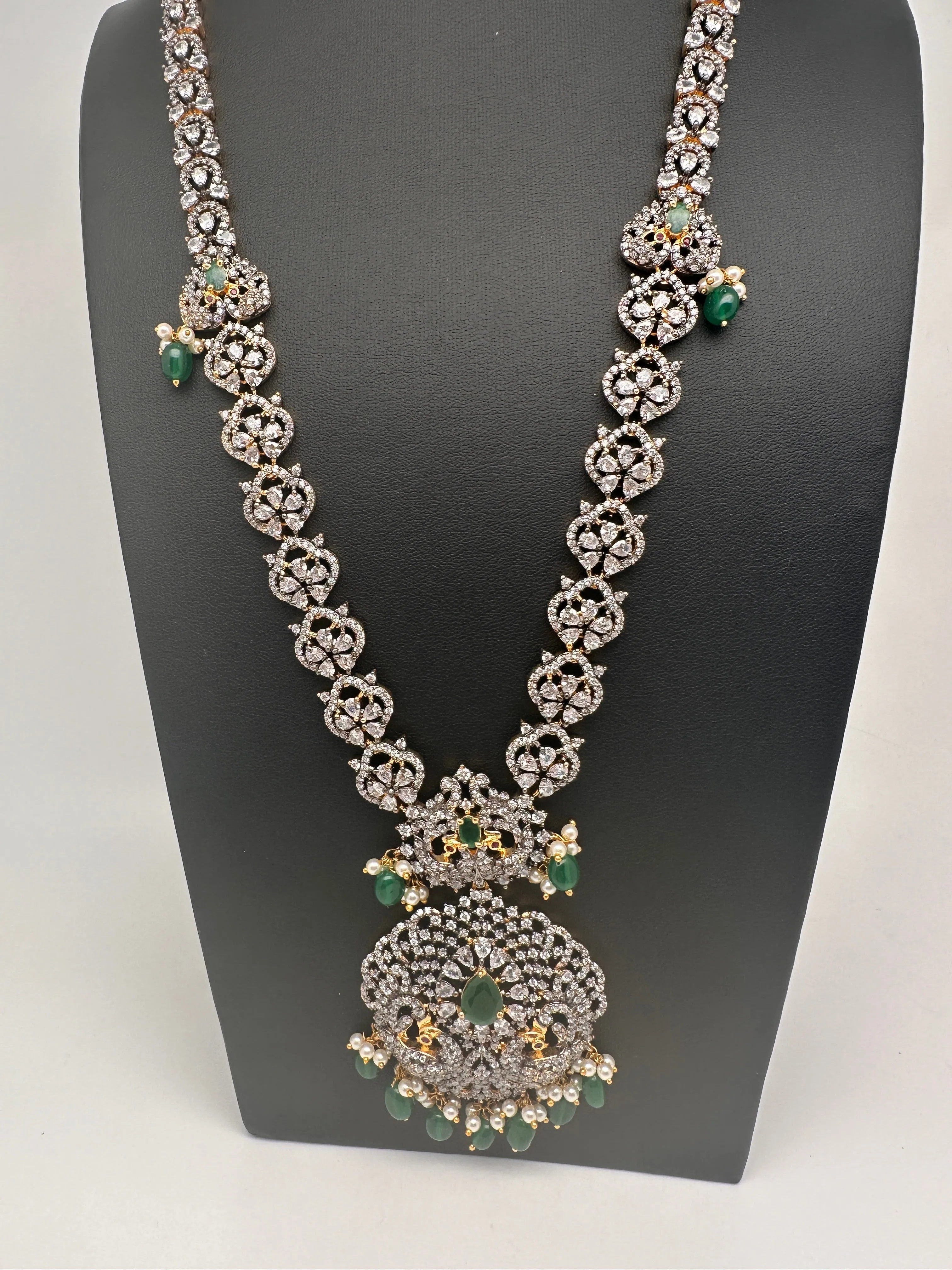 AD Green Stone Peacock Pattern Victorian Dual Tone Polish Long Necklace
