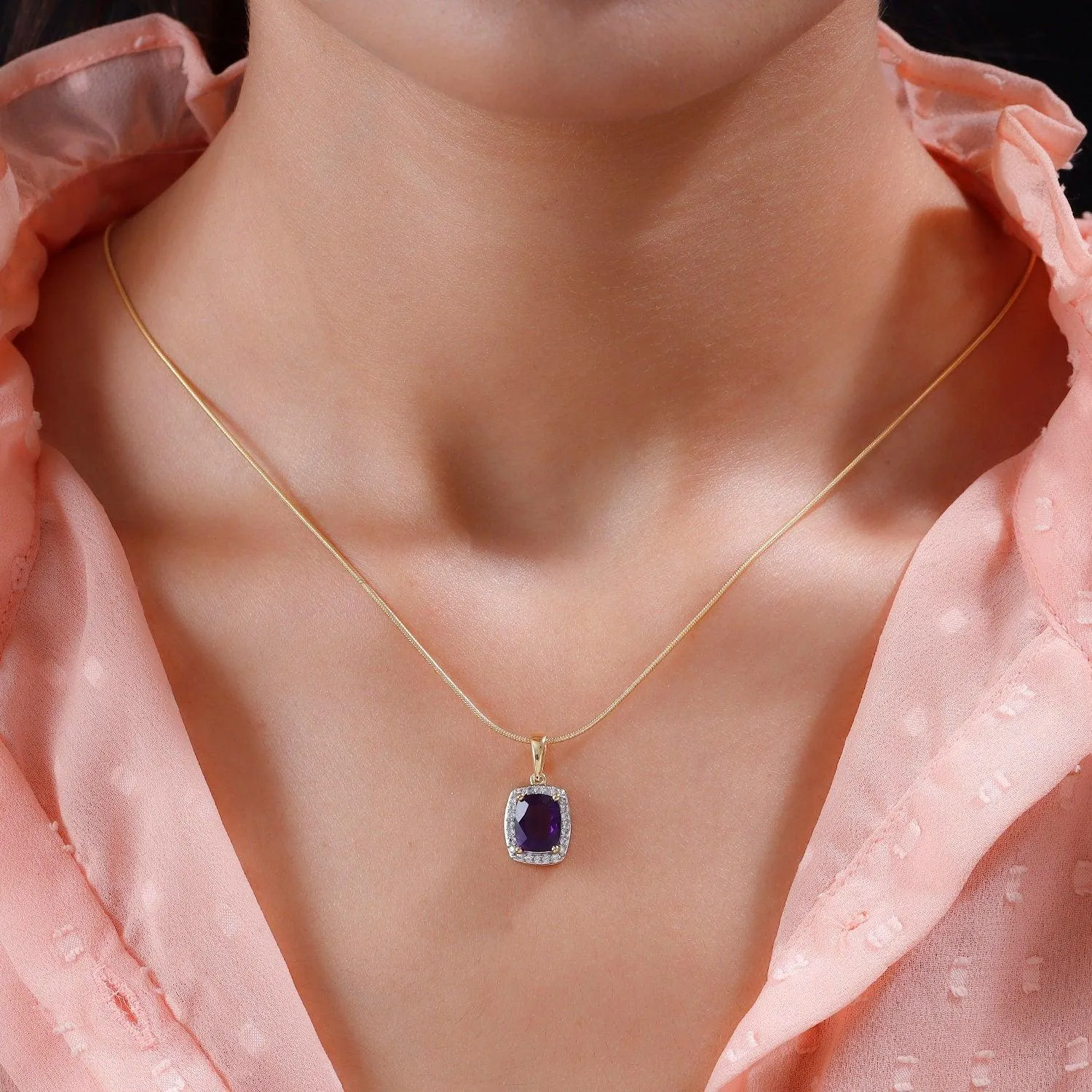 Amethyst Pendant Necklace, Amethyst Halo Pendant, February Birthstone Necklace, 925 Sterling Silver, Amethyst Gold Necklace, Gift for her