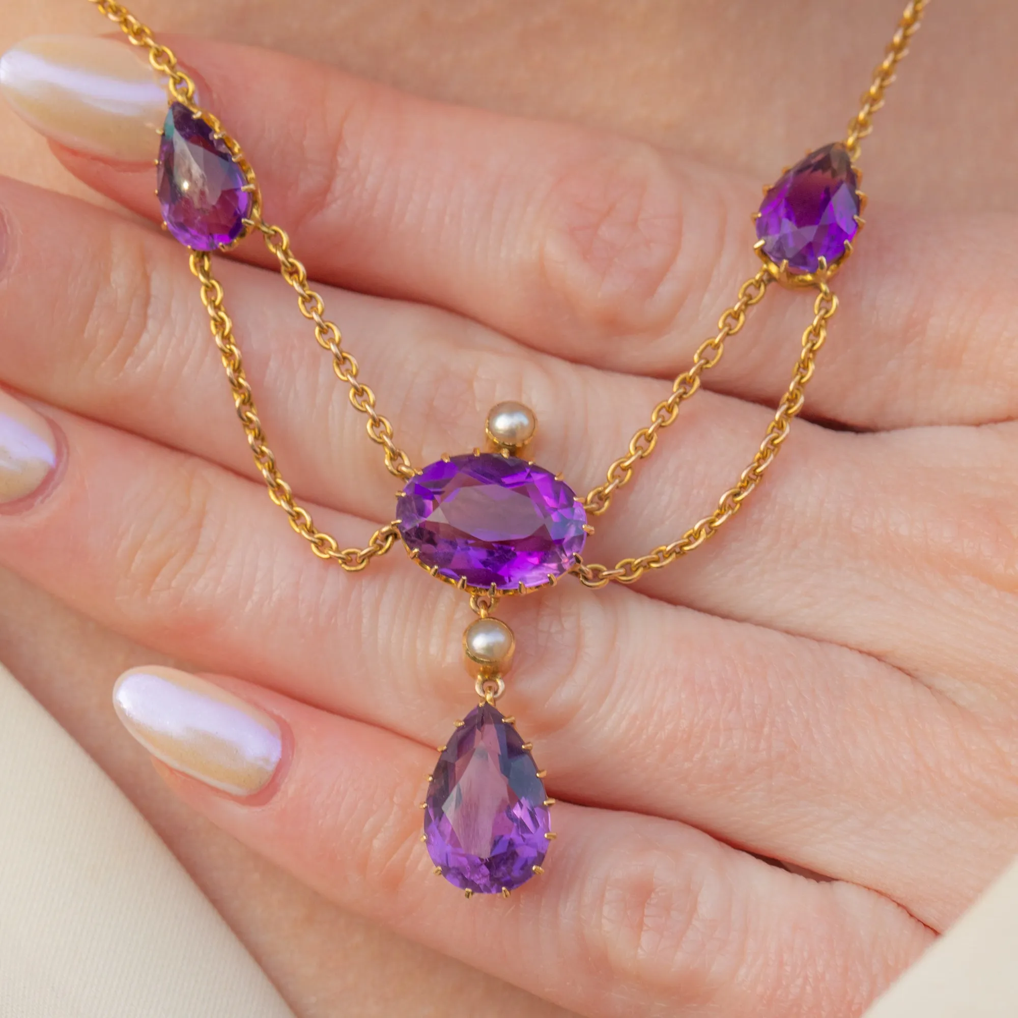 Antique 15ct Gold Amethyst Pearl Drop Necklace, 10.80ct