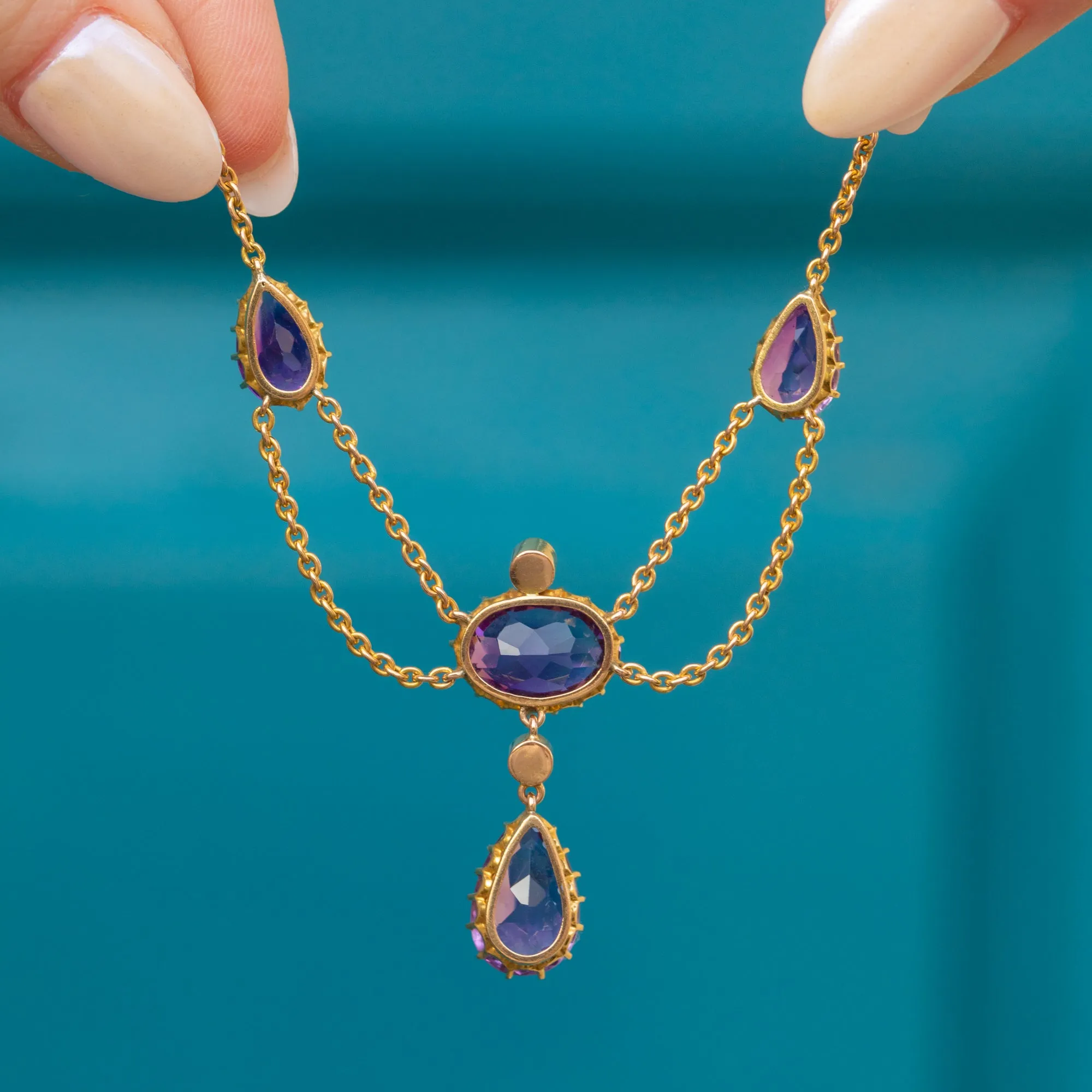 Antique 15ct Gold Amethyst Pearl Drop Necklace, 10.80ct