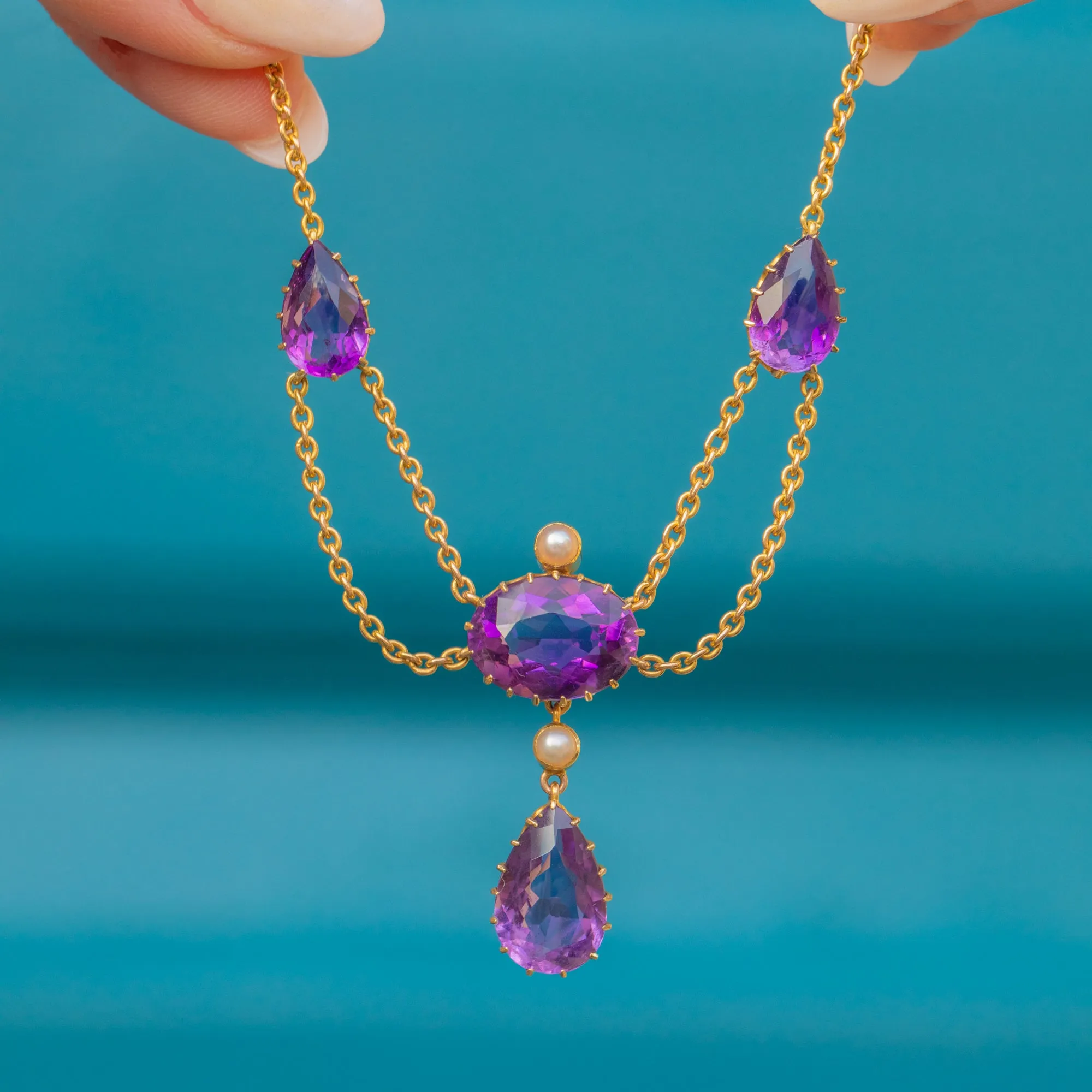 Antique 15ct Gold Amethyst Pearl Drop Necklace, 10.80ct