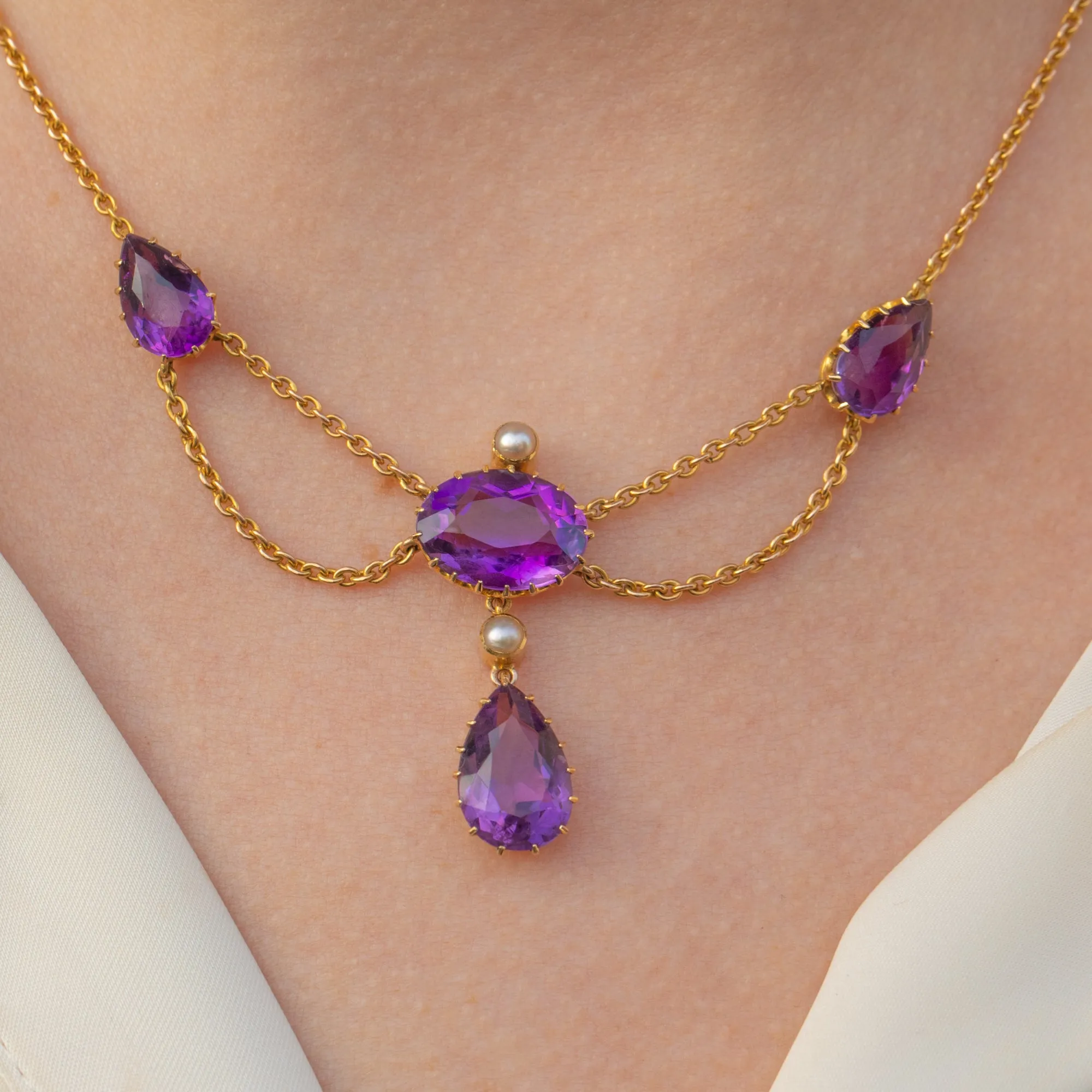 Antique 15ct Gold Amethyst Pearl Drop Necklace, 10.80ct