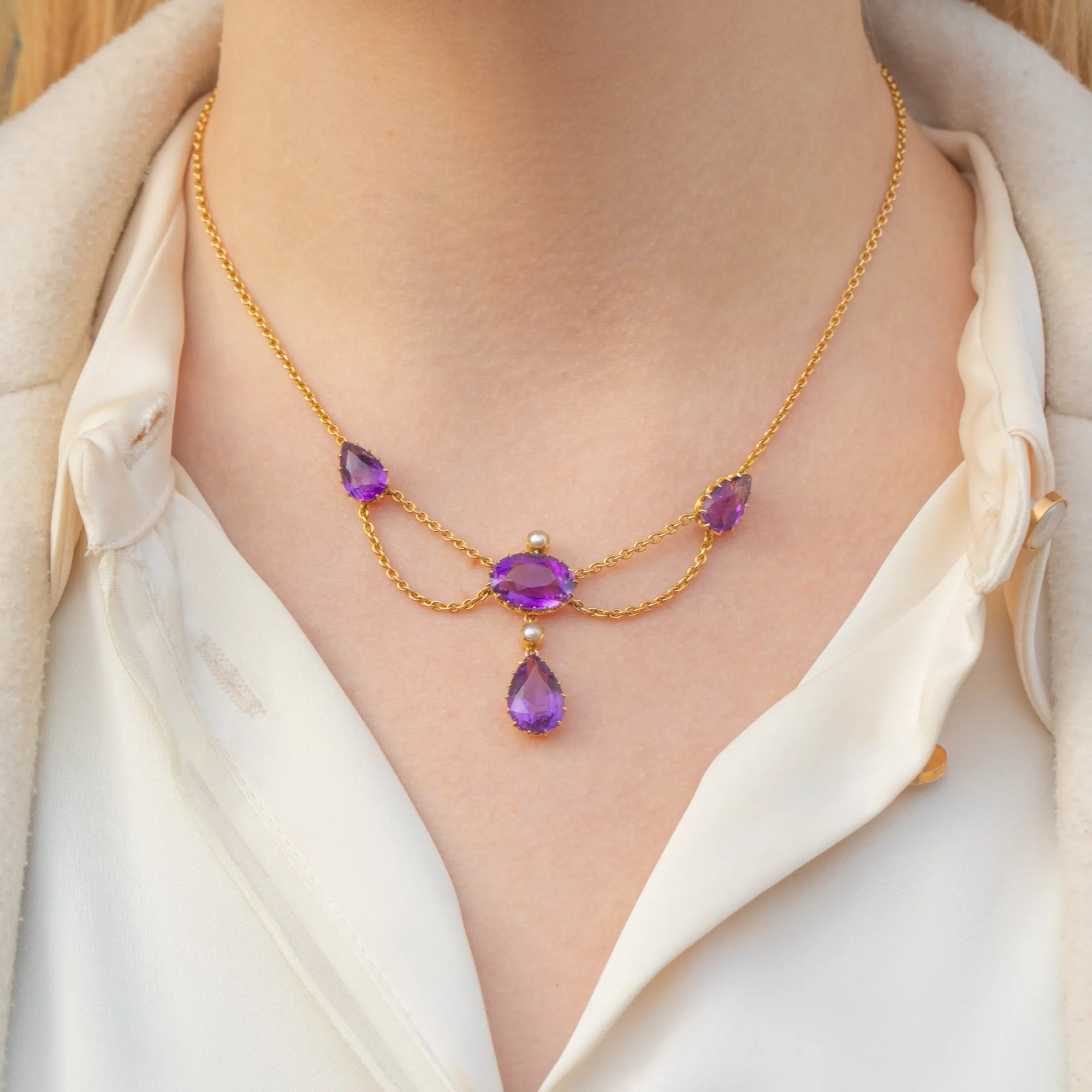 Antique 15ct Gold Amethyst Pearl Drop Necklace, 10.80ct