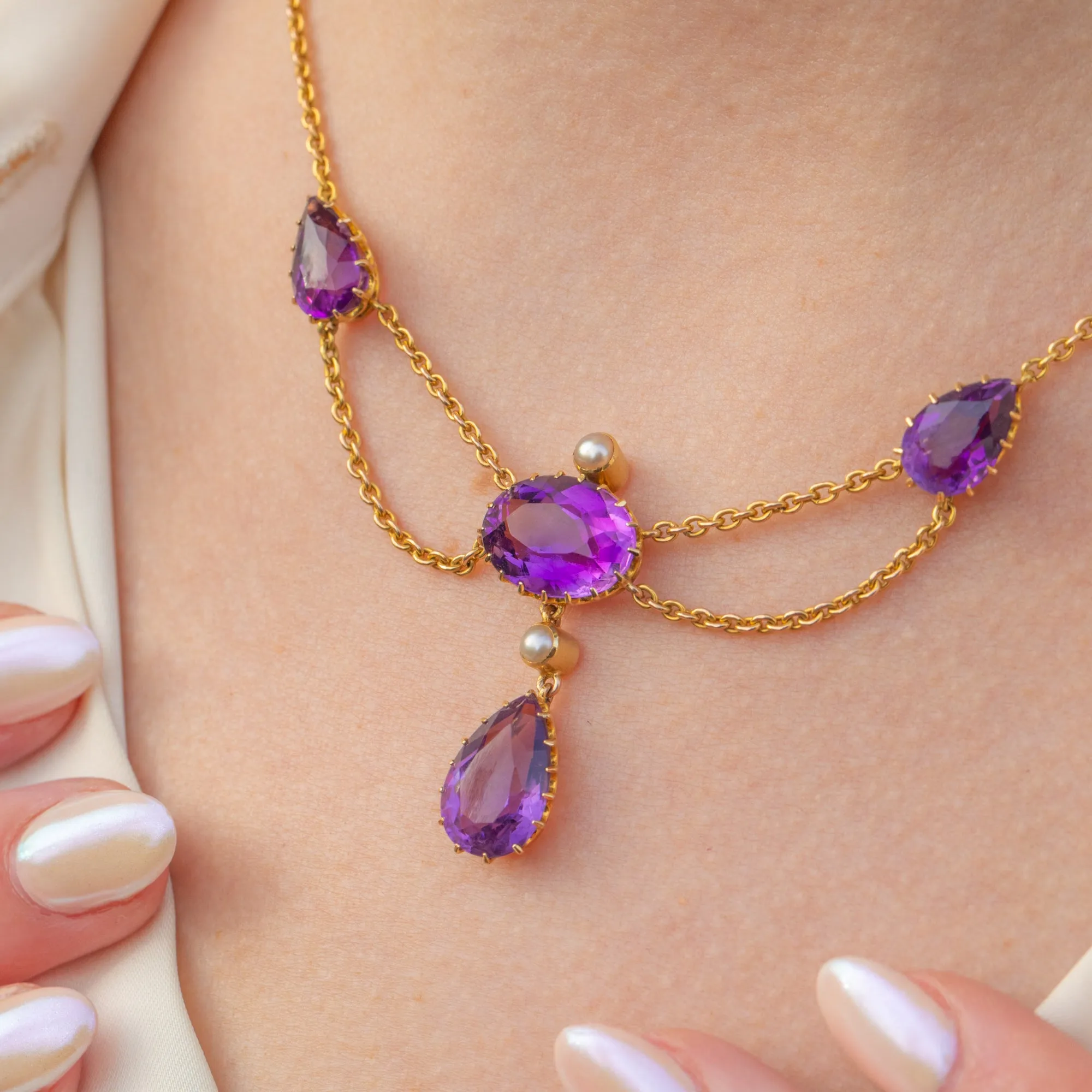 Antique 15ct Gold Amethyst Pearl Drop Necklace, 10.80ct