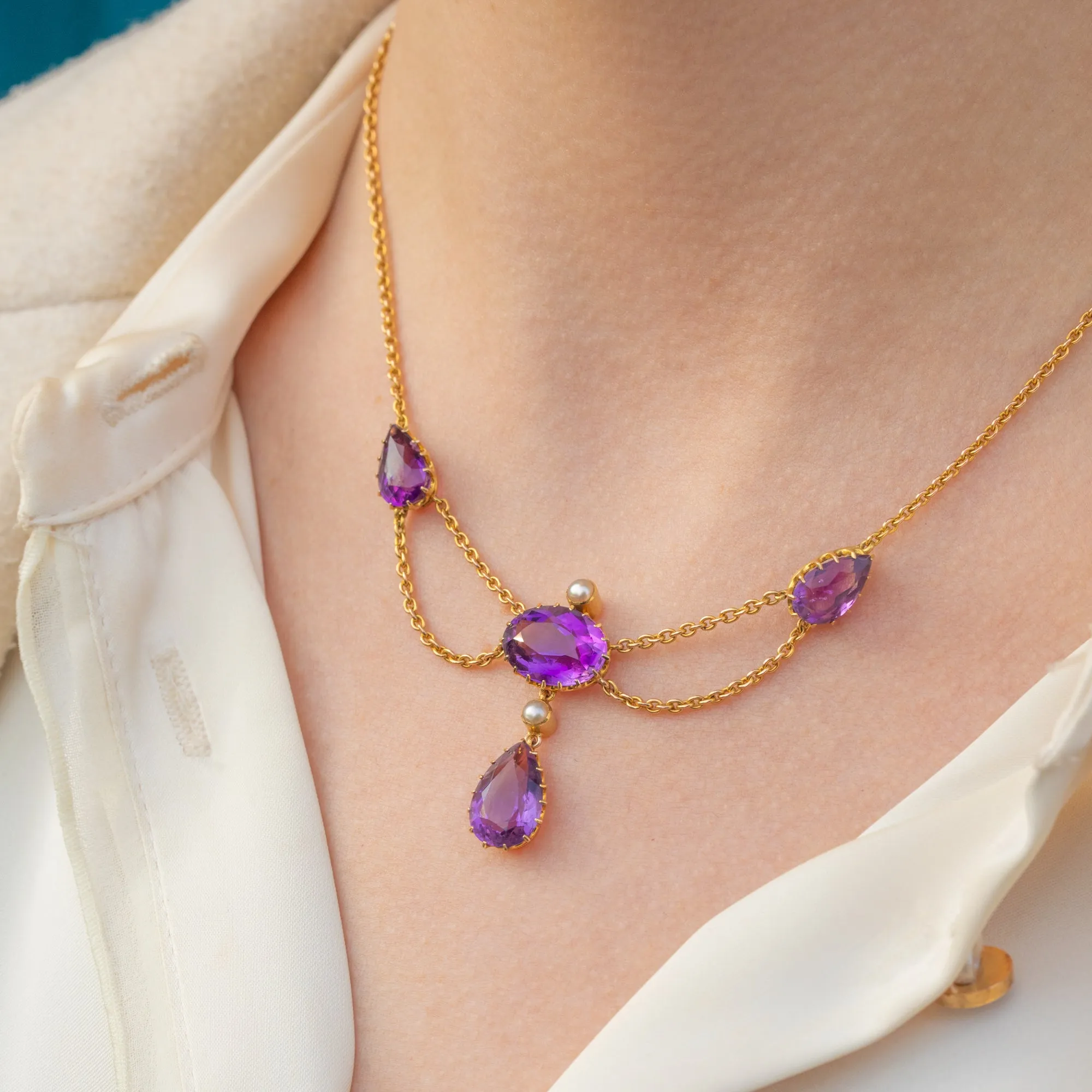 Antique 15ct Gold Amethyst Pearl Drop Necklace, 10.80ct