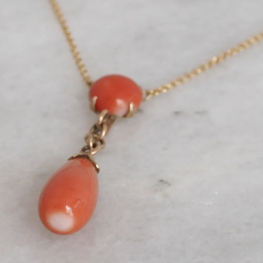 Antique Italian 18k Gold Coral Drop Lavalier Necklace
