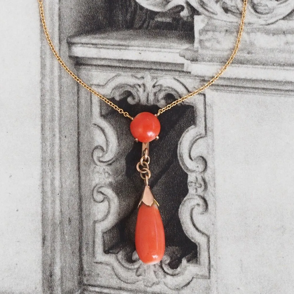 Antique Italian 18k Gold Coral Drop Lavalier Necklace
