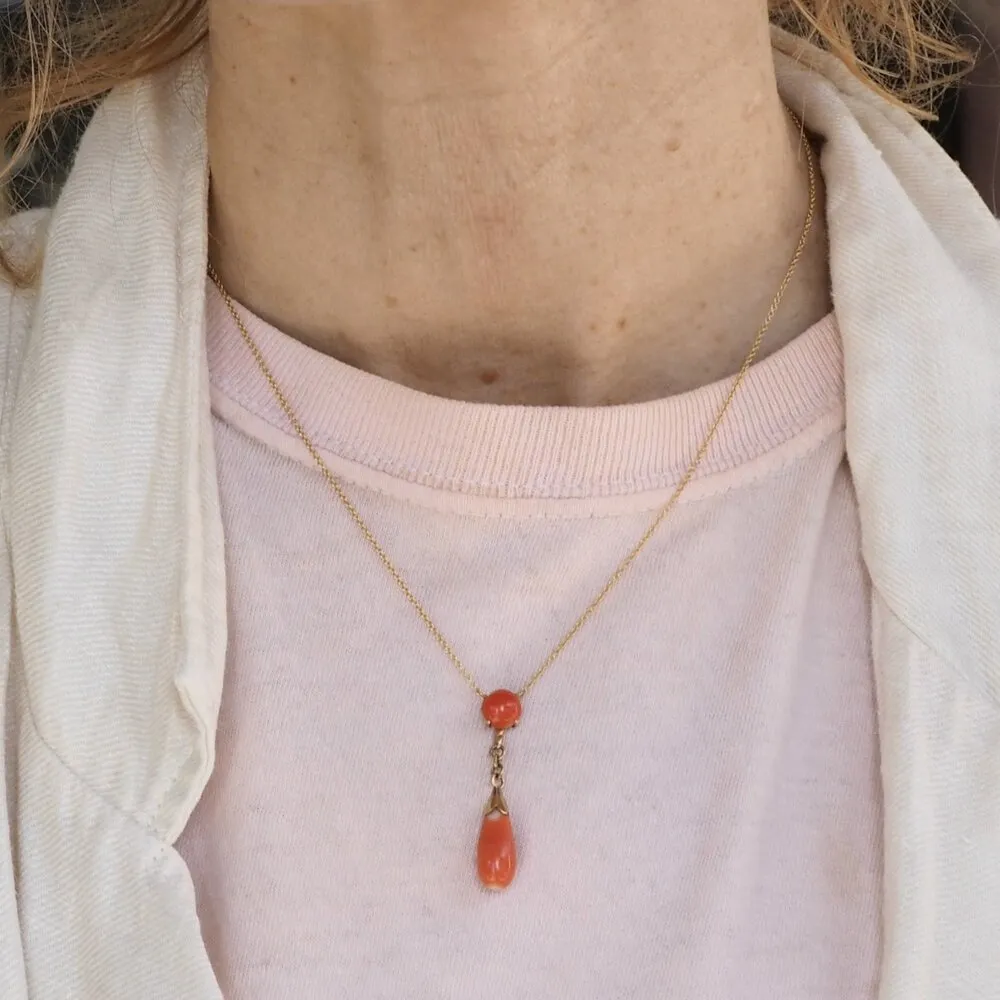 Antique Italian 18k Gold Coral Drop Lavalier Necklace