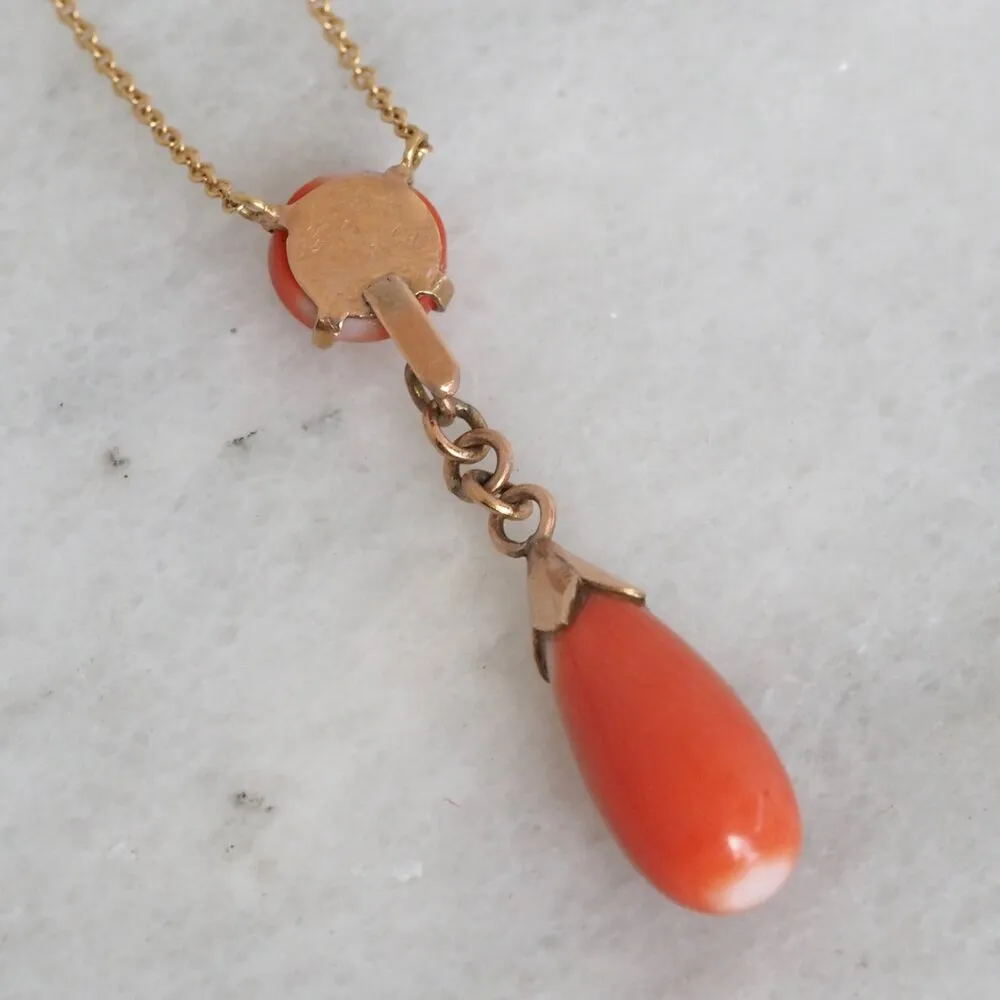 Antique Italian 18k Gold Coral Drop Lavalier Necklace