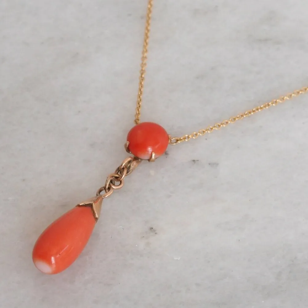 Antique Italian 18k Gold Coral Drop Lavalier Necklace