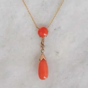 Antique Italian 18k Gold Coral Drop Lavalier Necklace