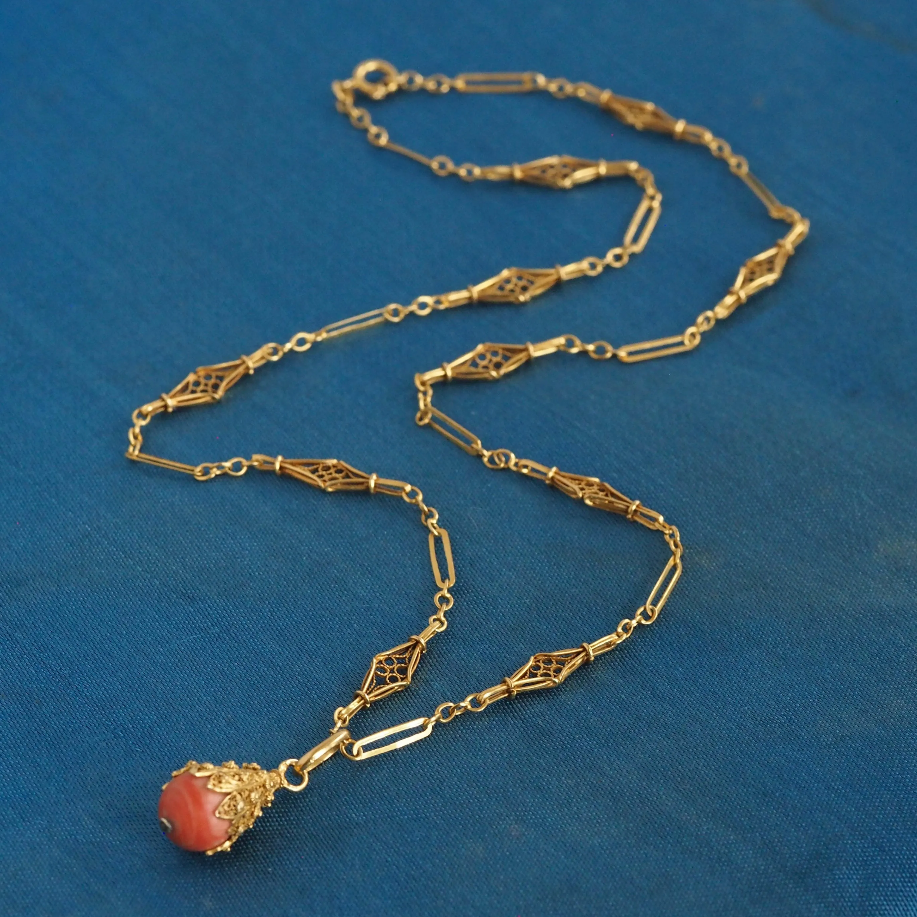 Antique Portuguese 19k Gold Filigree Coral Necklace