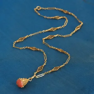 Antique Portuguese 19k Gold Filigree Coral Necklace