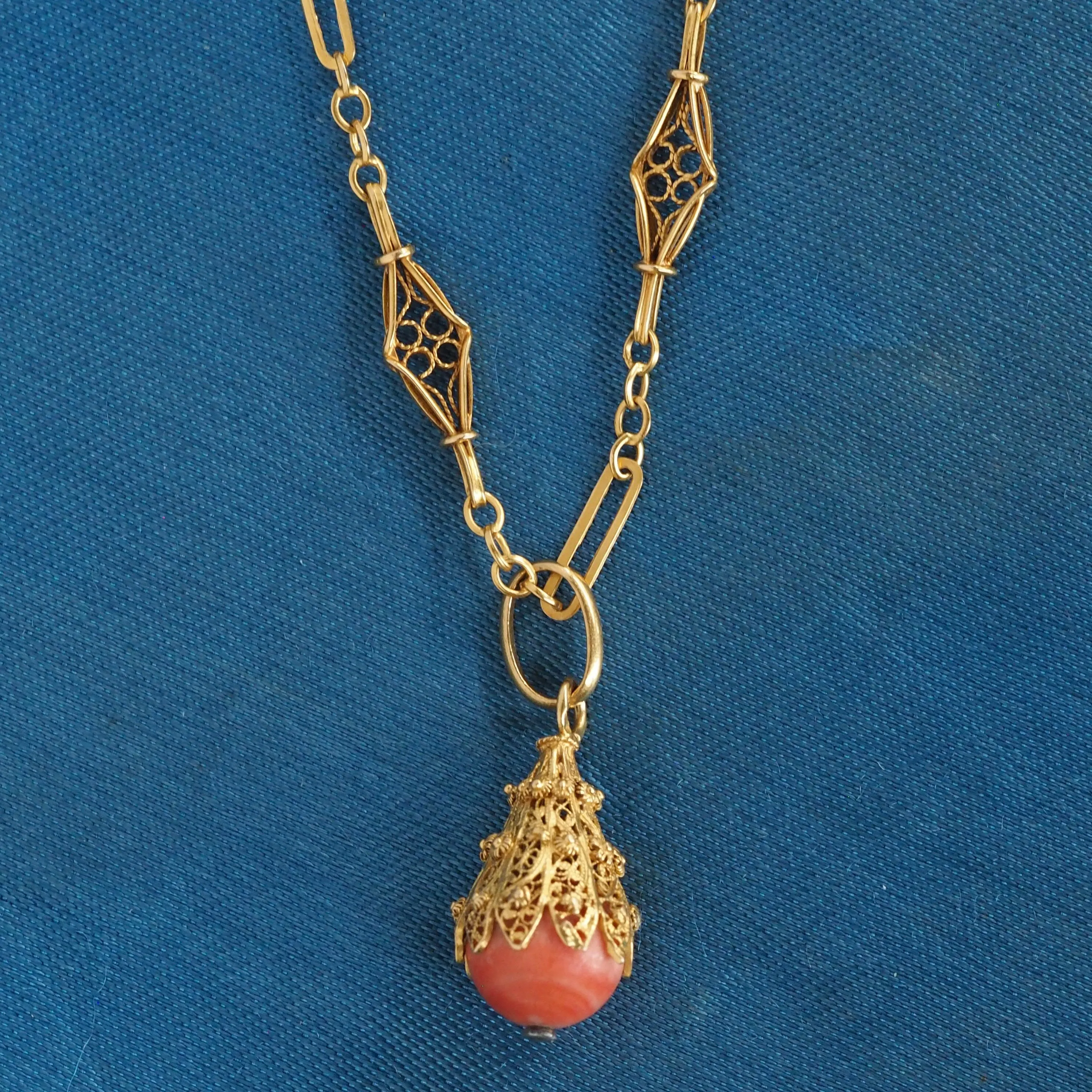 Antique Portuguese 19k Gold Filigree Coral Necklace