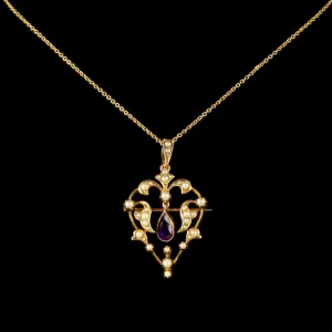 Antique Victorian Amethyst Pendant Brooch 15Ct Gold Necklace Heart Shape Circa 1900
