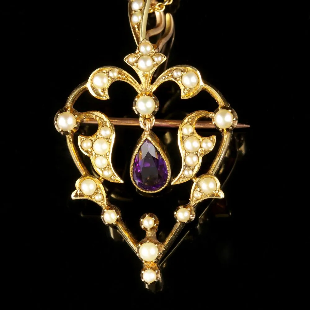 Antique Victorian Amethyst Pendant Brooch 15Ct Gold Necklace Heart Shape Circa 1900