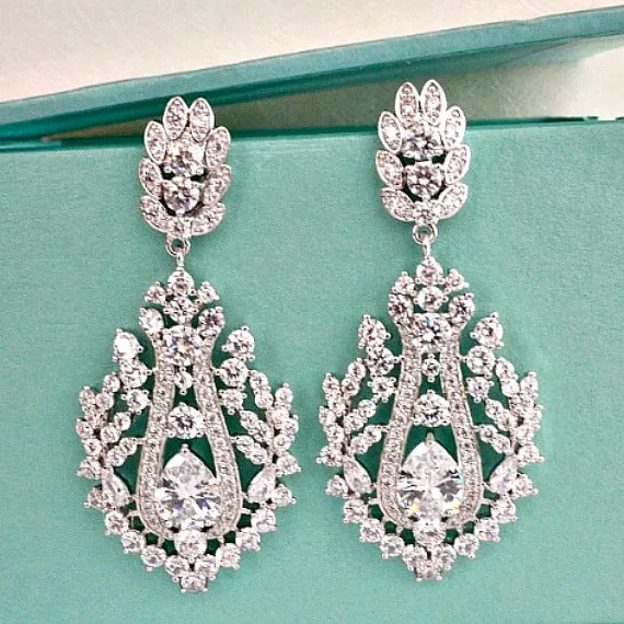Art Deco CZ Teardrop Crystal Bridal Earrings, Vintage Style Art Nouveau Rhinestone Drop Wedding Earrings, Victorian Chandelier Earrings